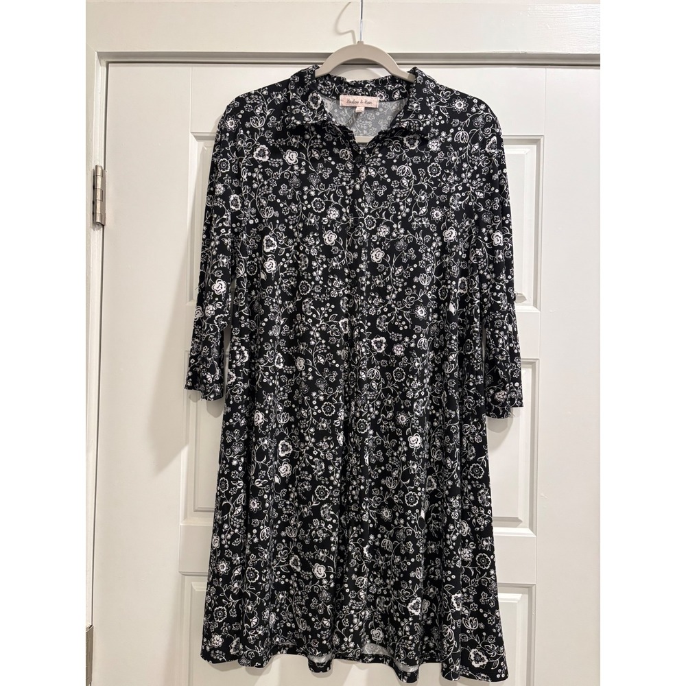 Harlow & Rose Womens Black White Floral Roll Tab Sleeve Shirt Dress Medium